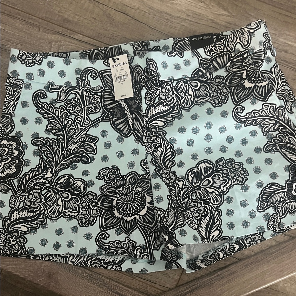 Express Women's Black and Light Blue Patterned Shorts